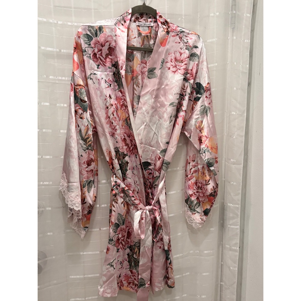 Linea Donatella Pink Floral Satin Robe Lace Trim Wrap L/G MXS195